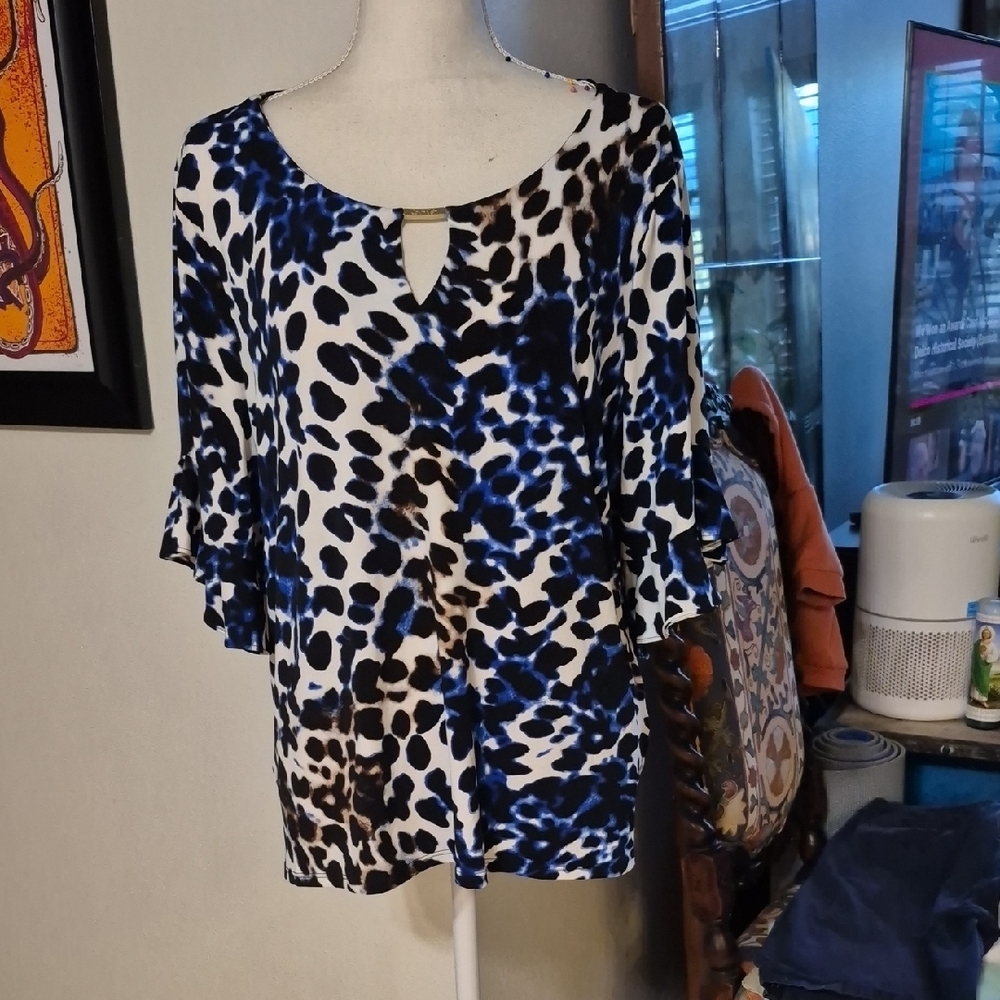 Calvin Klein Animal Print Blue White & Black 3/4 Sleeve Blouse